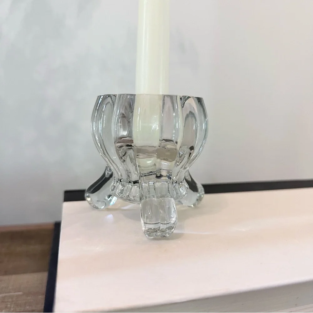 Lot Of 2 Vintage Clear Glass Footed Pillar Tea Light Candle / Air Plant Holders